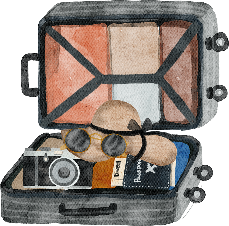 Set of watercolor travel stuff ,equipment for travelling